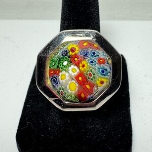 Murano Style Millefiori Multicolor Floral SS Silver Tone Ring SIZE 6